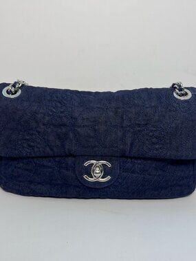Chanel Vintage Navy Denim Camellia Quilted Flap Chain Bag